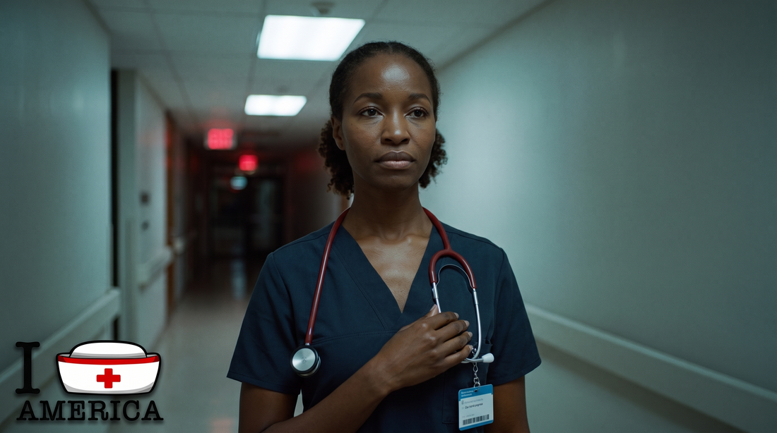 A nurse in navy scrubs stands alone in a dim hospital corridor at the end of a night shift, hand resting over her ID badge, composed and resolute.