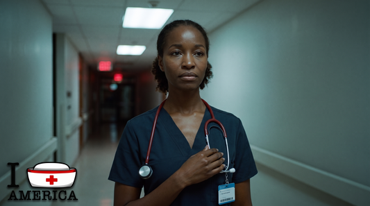 A nurse in navy scrubs stands alone in a dim hospital corridor at the end of a night shift, hand resting over her ID badge, composed and resolute.