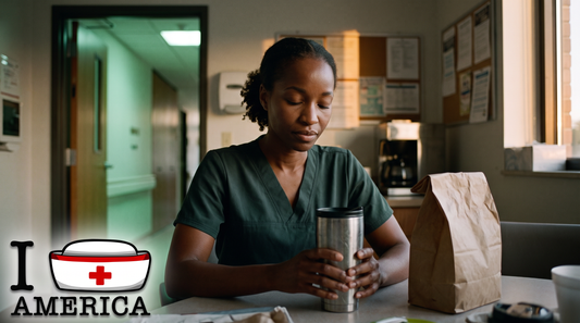 A nurse sits alone in a hospital break room during a twelve-hour shift, eyes closed, holding a travel mug beside an untouched lunch.
