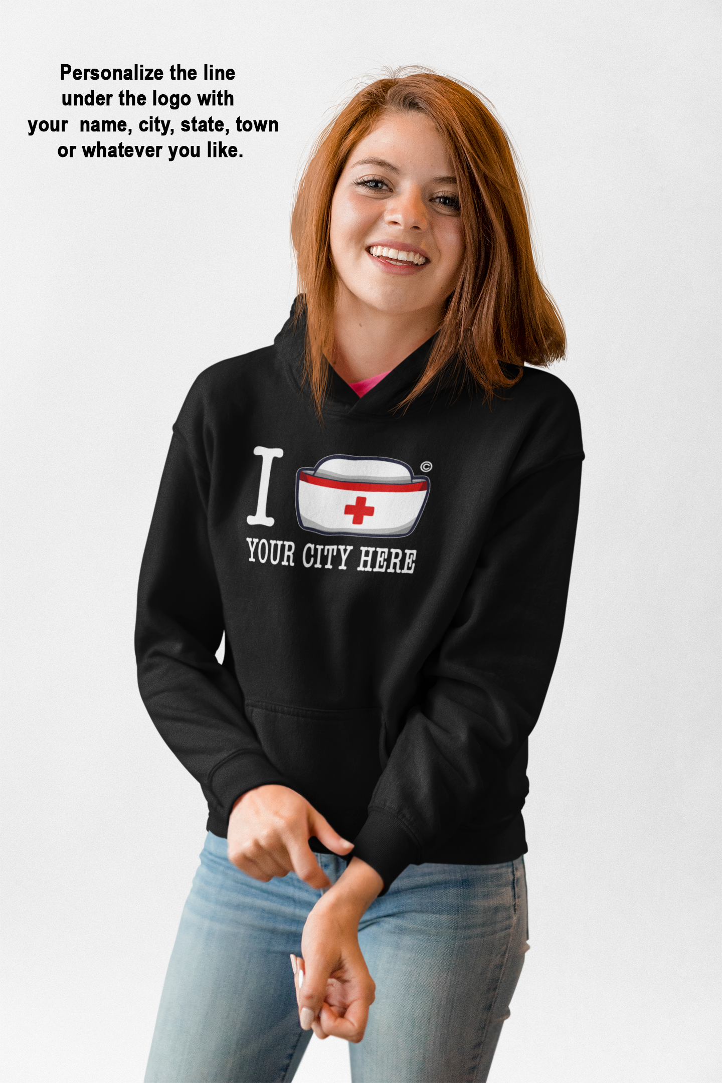 Model wearing the black I Nurse America hoodie with white nurse cap chest print