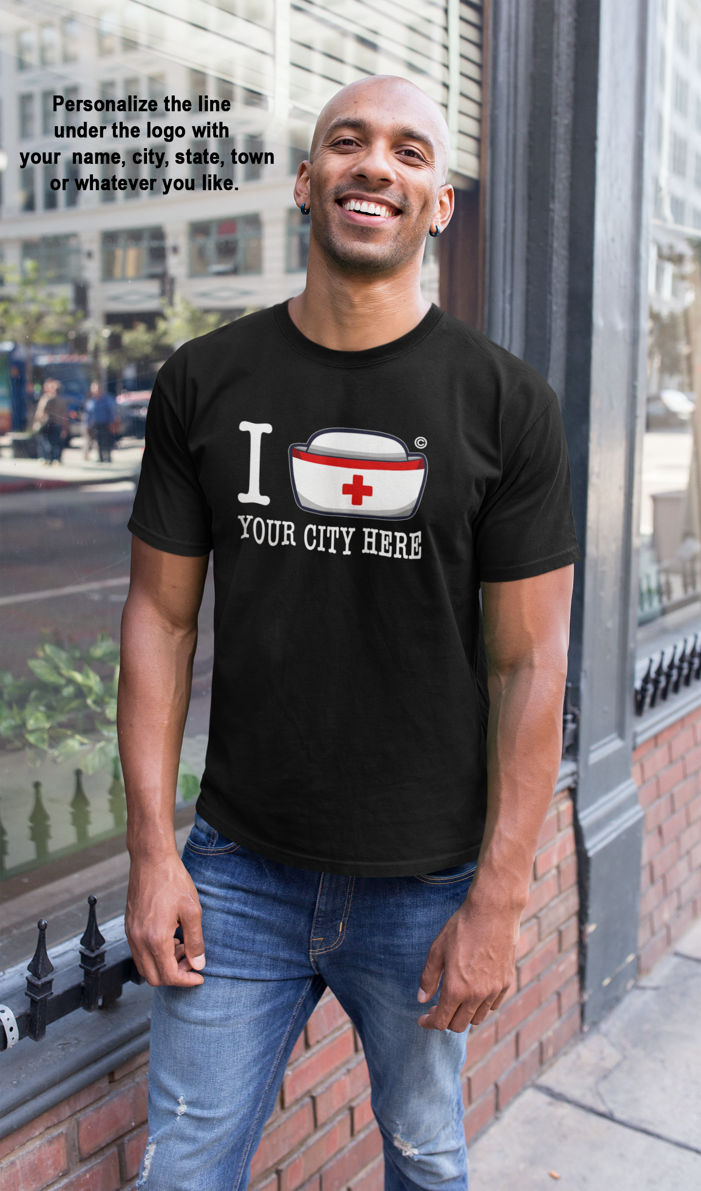 Male nurse wearing the black I Nurse America t-shirt with white nurse cap chest print