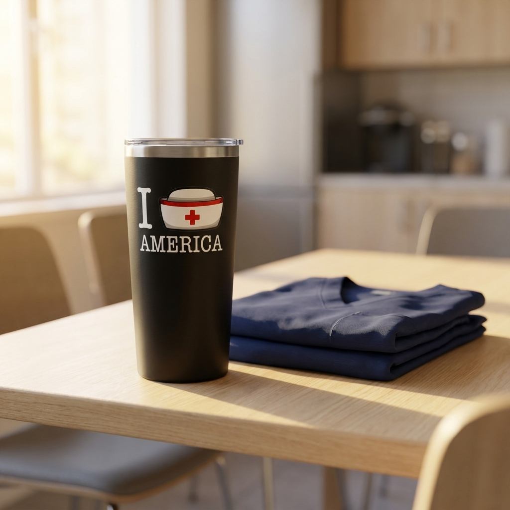 Black I Nurse America travel mug on a break-room table beside folded navy scrubs