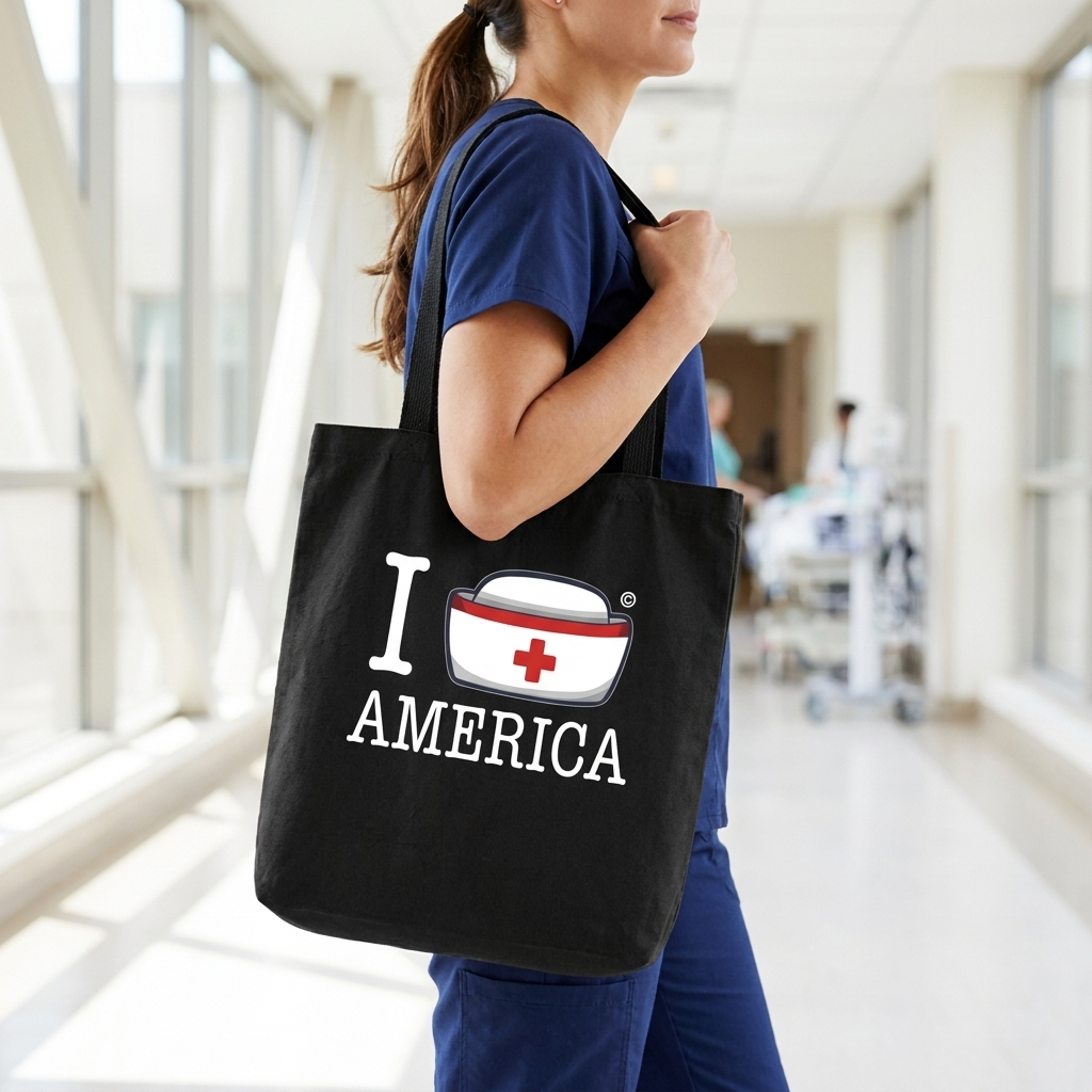 Nurse in navy scrubs carrying the black I Nurse America tote bag through a hospital corridor