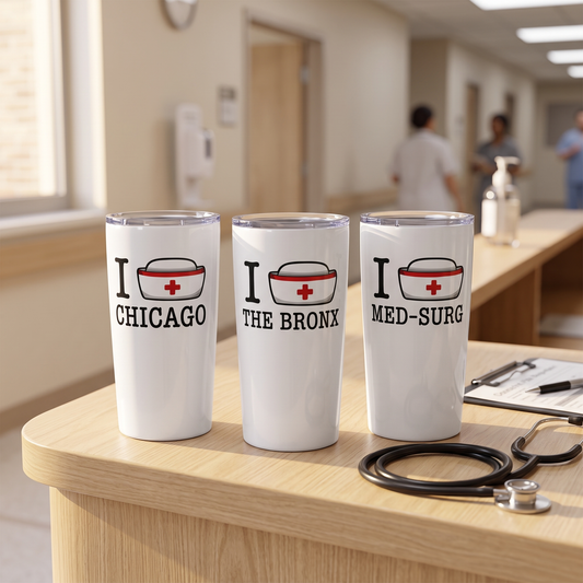 Three white I Nurse America travel mugs on a nurses' station, each customized with a different place: Chicago, The Bronx, and Med-Surg