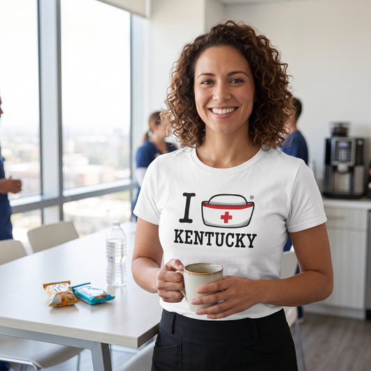 Nurse wearing the white I Nurse America t-shirt customized with Kentucky, relaxing in a hospital break room
