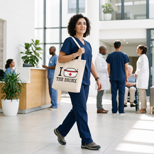 Nurse in scrubs carrying the white I Nurse America tote bag customized with The Bronx through a hospital lobby