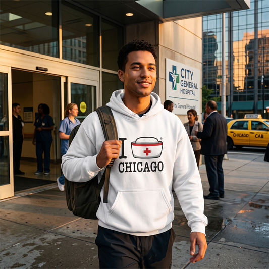 Nurse leaving the hospital at sunset wearing the white I Nurse America hoodie customized with Chicago