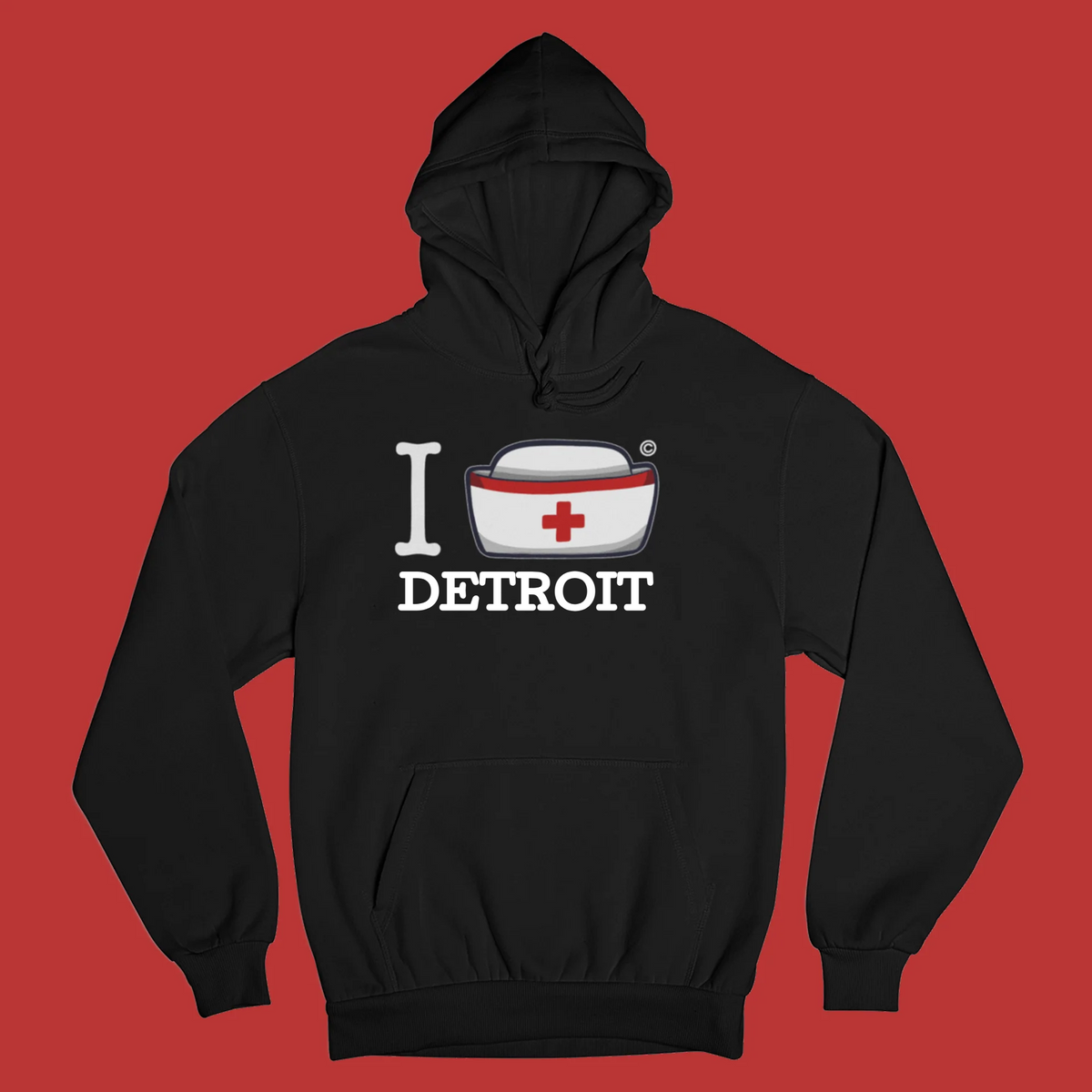 Black I Nurse America hoodie personalized with Detroit under the nurse cap logo