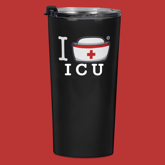 Black I Nurse America travel mug personalized with ICU under the nurse cap logo
