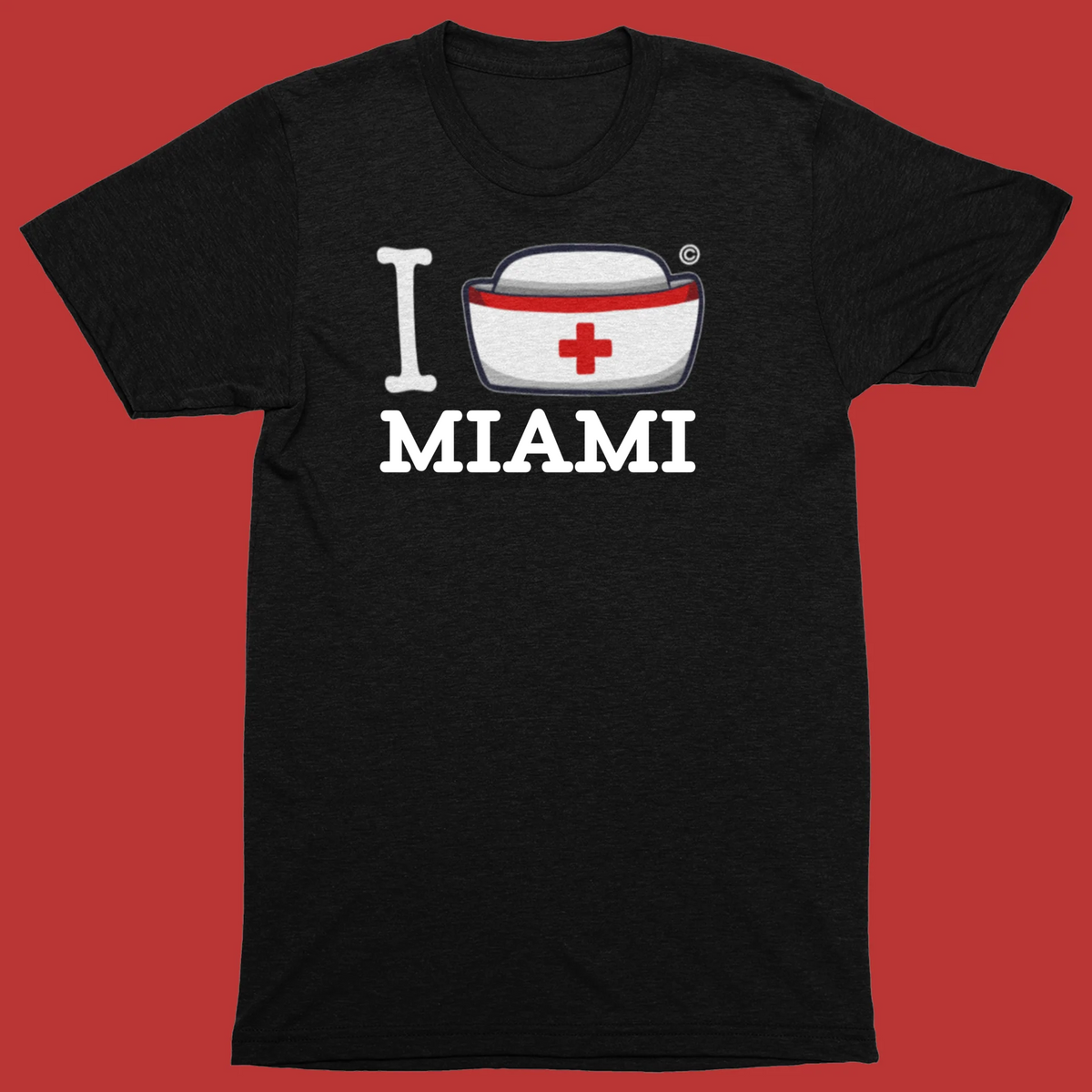Black I Nurse America t-shirt personalized with Miami under the nurse cap logo
