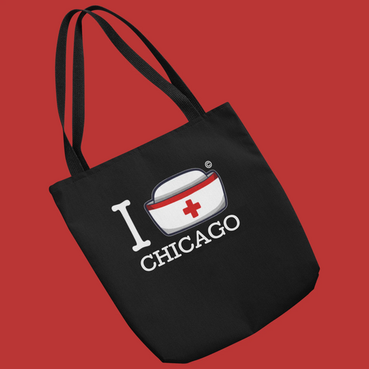 I Nurse Chicago black tote bag — nurse cap logo with CHICAGO
